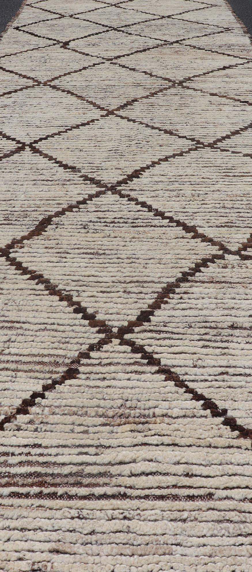 Modern Long Runner in Distressed Moroccan Design in Off White and Brown Diamonds For Sale 3