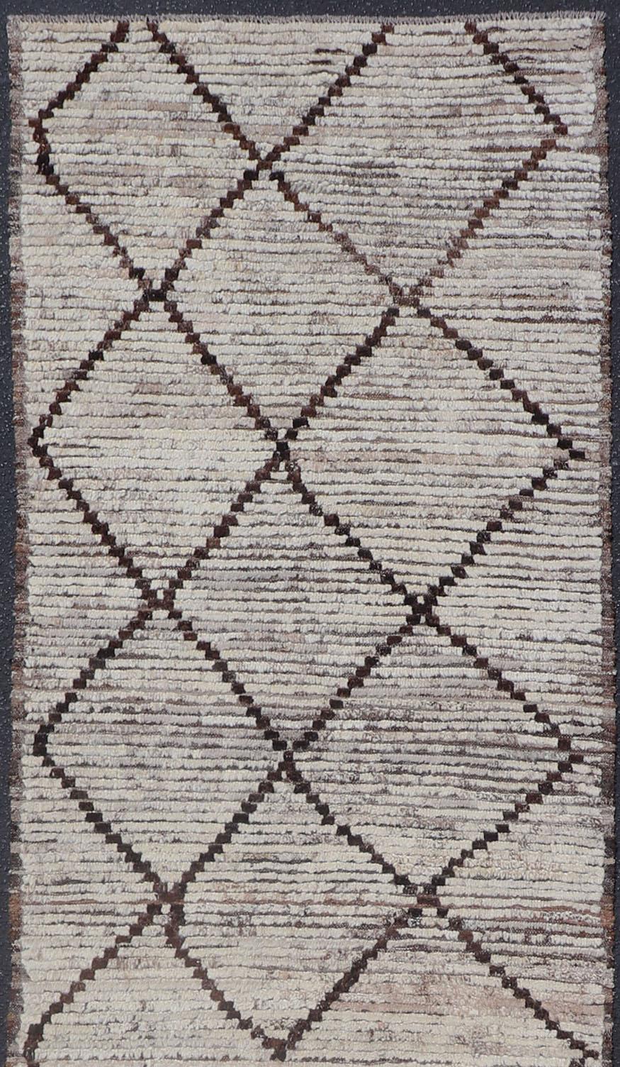 Variegated white and off white background along with brown diamond shaped lines creates tribal design, modern design runner, Keivan Woven Arts/rug AFG-36130, country of origin / type: Afghanistan / Modern, condition: new. Moroccan Runner , Moroccan
