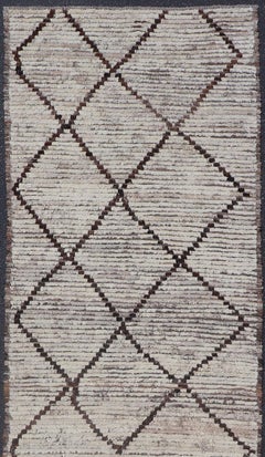 Modern Long Runner in Distressed Moroccan Design in Off White & Brown Diamonds**
