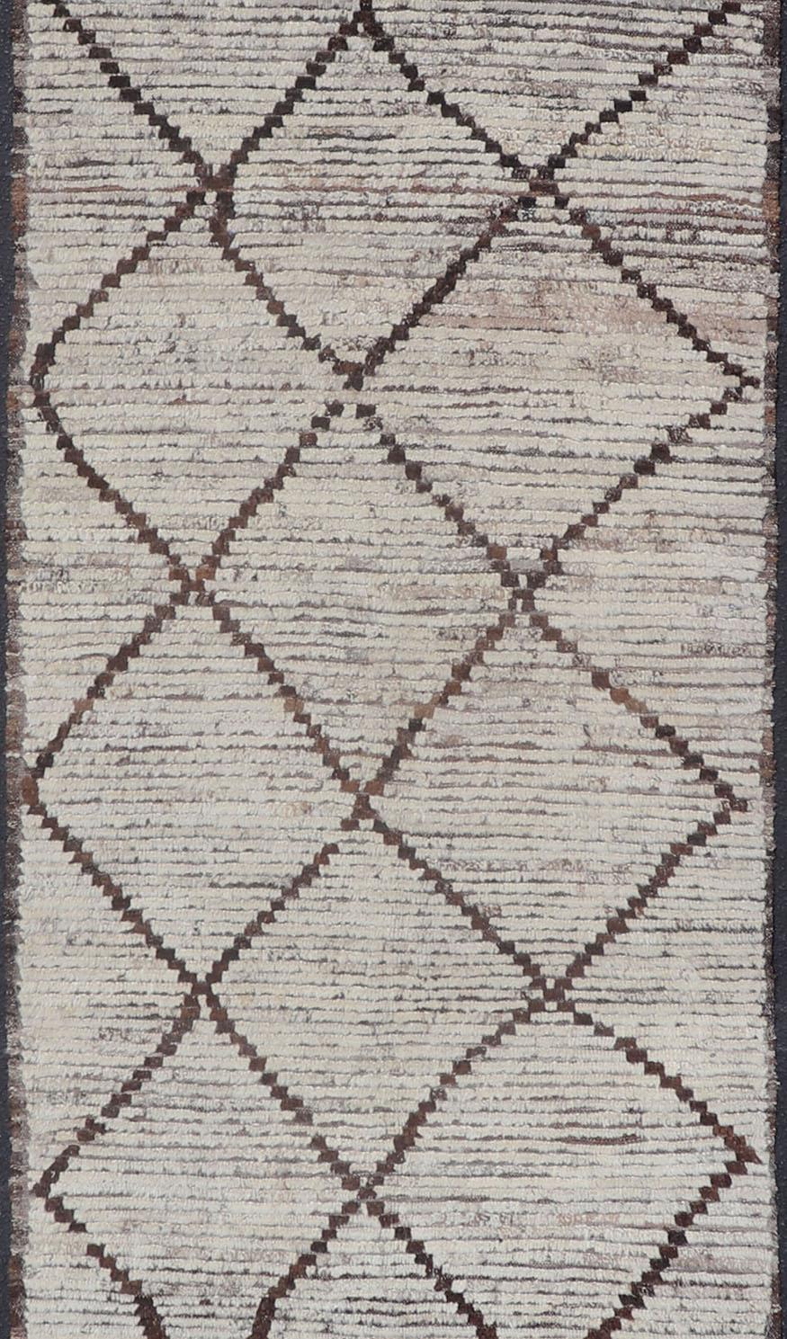 Afghan Modern Long Runner in Distressed Moroccan Design in Off White and Brown Diamonds For Sale