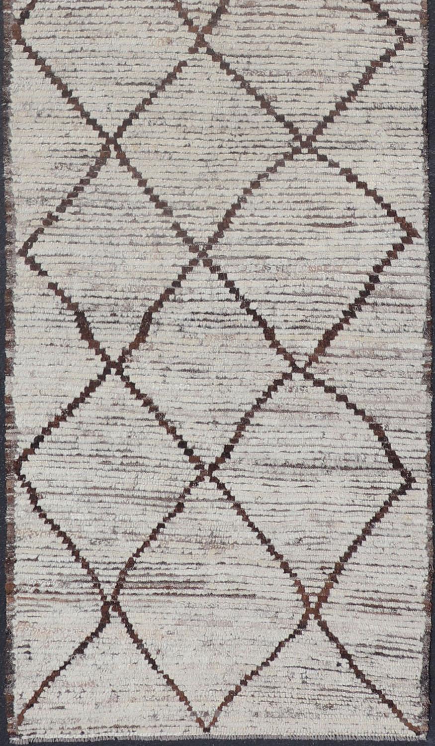 Hand-Knotted Modern Long Runner in Distressed Moroccan Design in Off White and Brown Diamonds For Sale