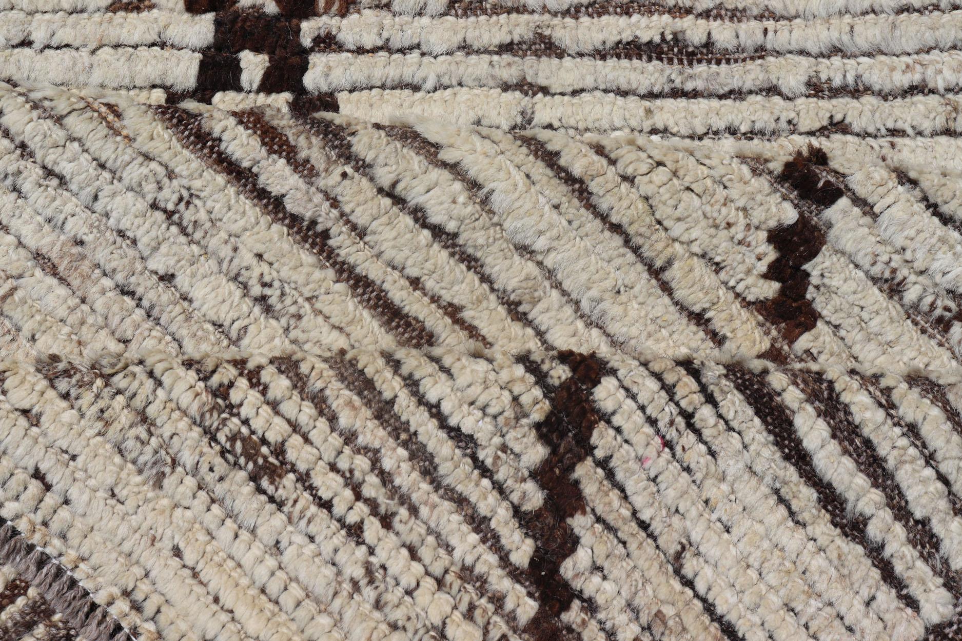 Wool Modern Long Runner in Distressed Moroccan Design in Off White and Brown Diamonds For Sale