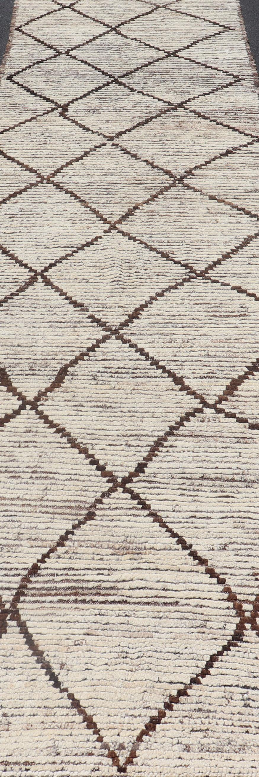 Modern Long Runner in Distressed Moroccan Design in Off White and Brown Diamonds For Sale 1