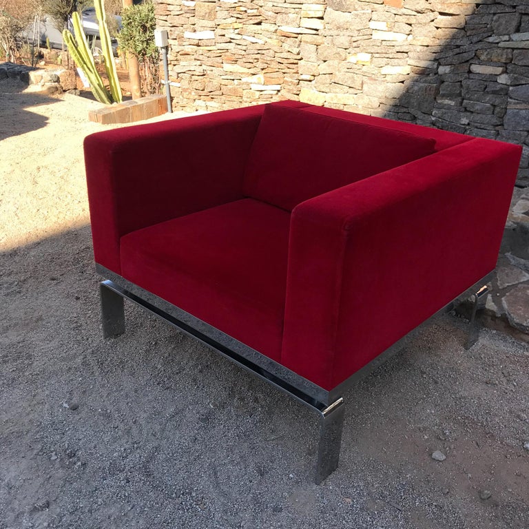 American Milo Baughman Style Lounge Chair Ferrari RED on Chrome Base by Martin Brattrud 