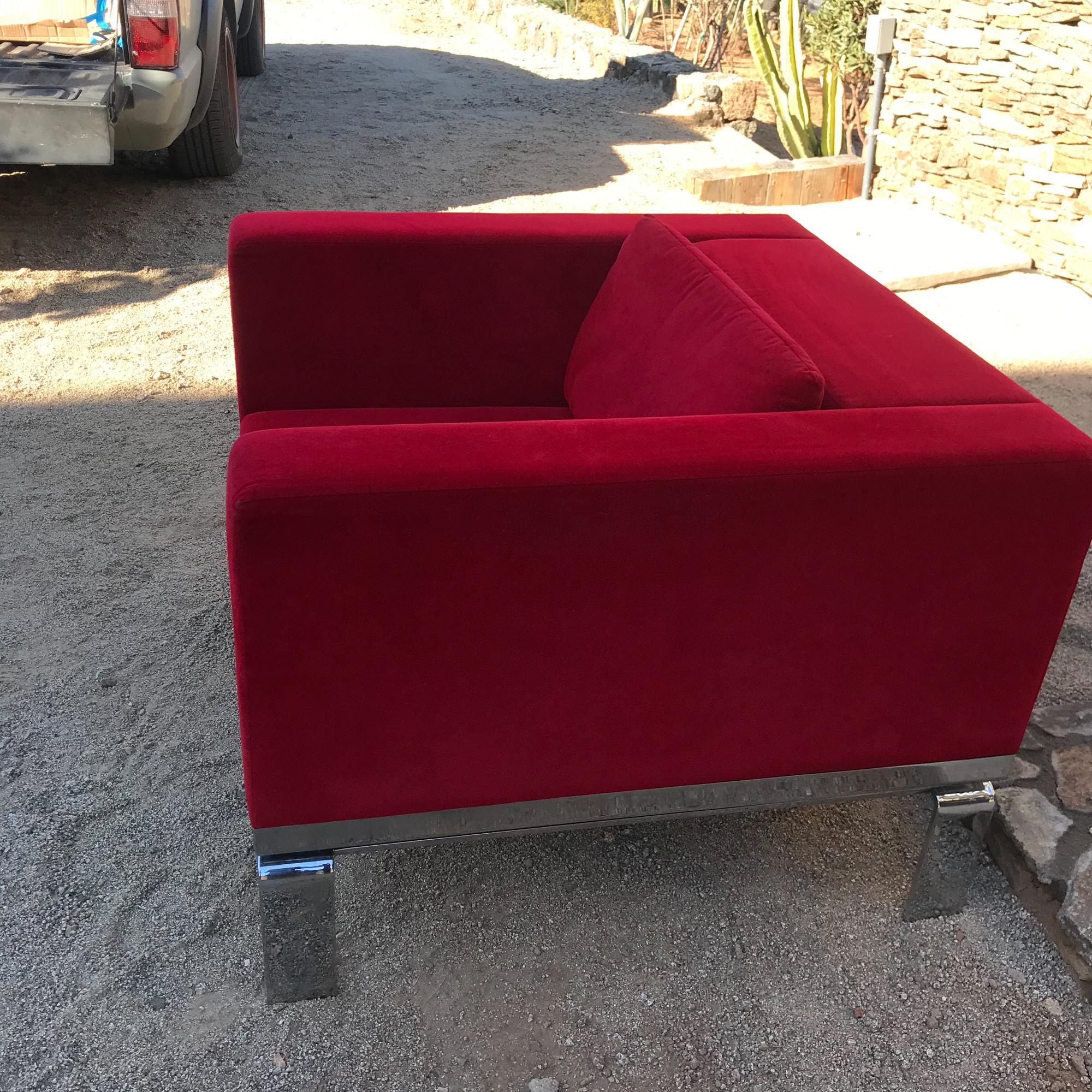 Milo Baughman Style Lounge Chair Ferrari RED on Chrome Base by Martin Brattrud  In Good Condition In Chula Vista, CA
