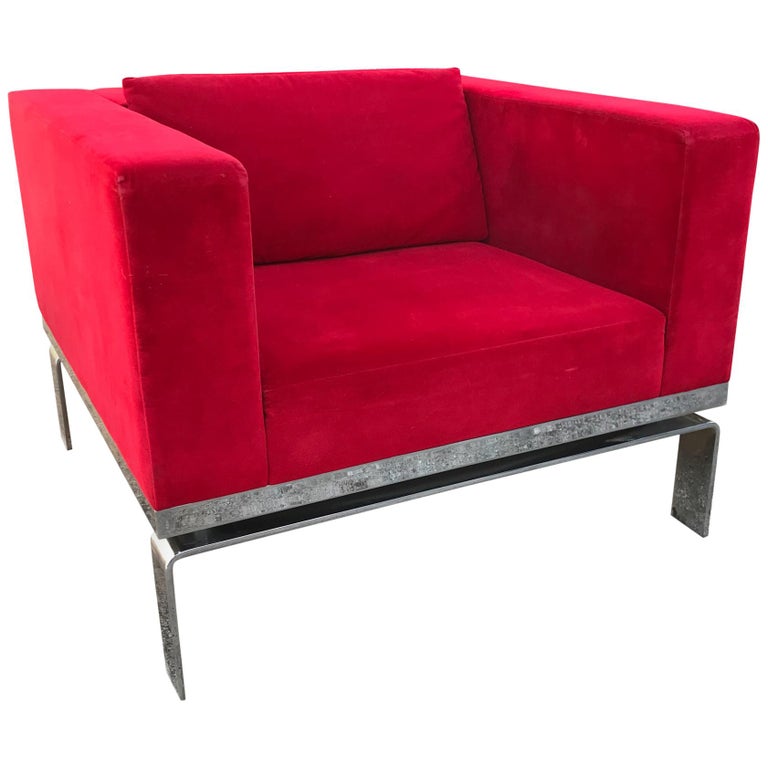 Milo Baughman Style Lounge Chair Ferrari RED on Chrome Base by Martin Brattrud 
