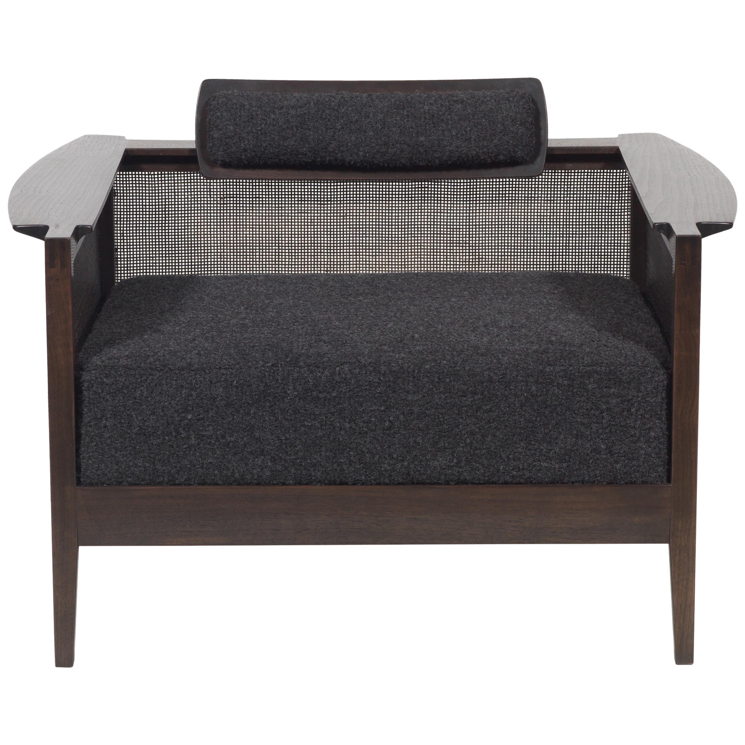 Modern Lounge Chair in Walnut with Caned Side Panels 