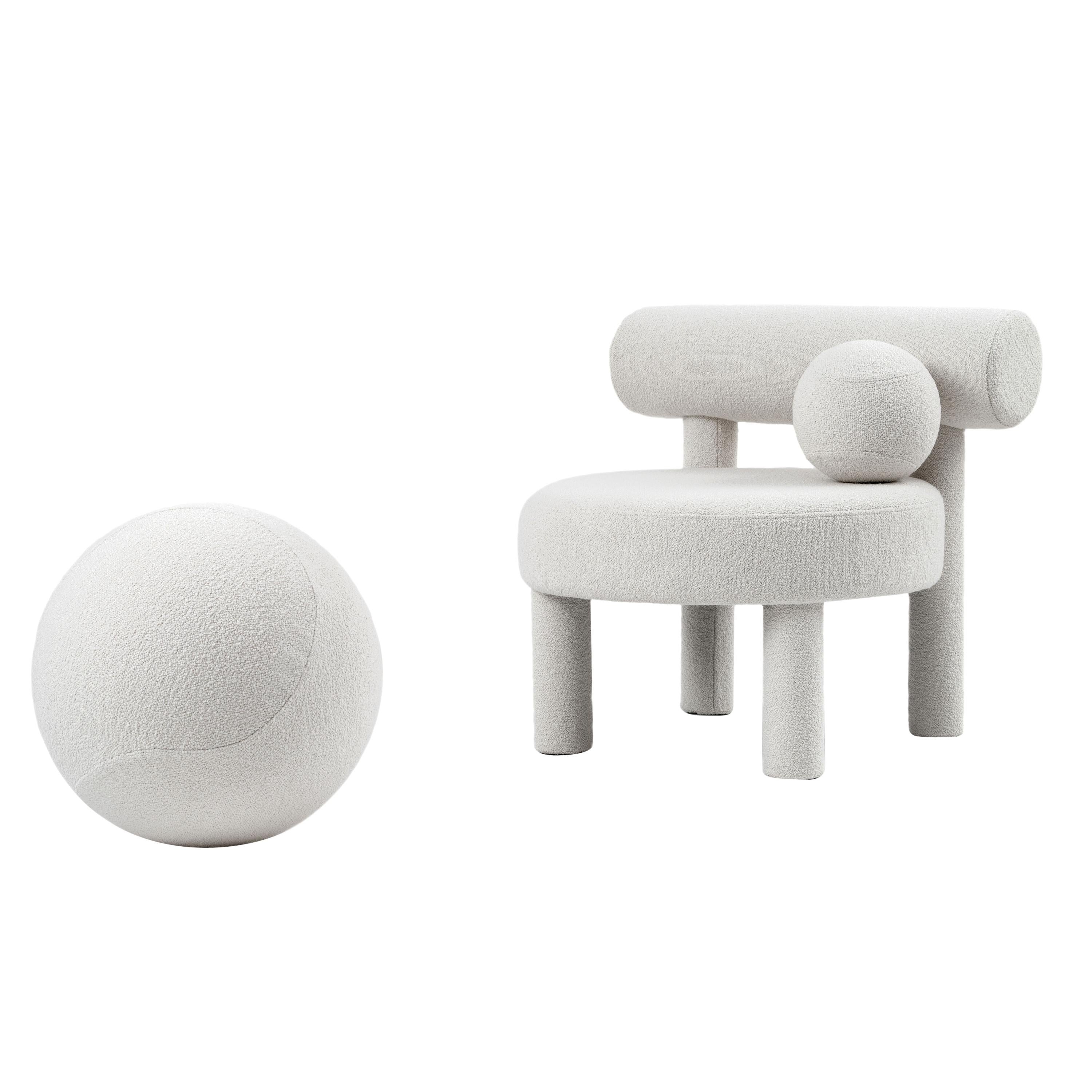 Modern Low Chair Gropius CS1 with Ottoman in Barnum Boucle White Fabric by NOOM