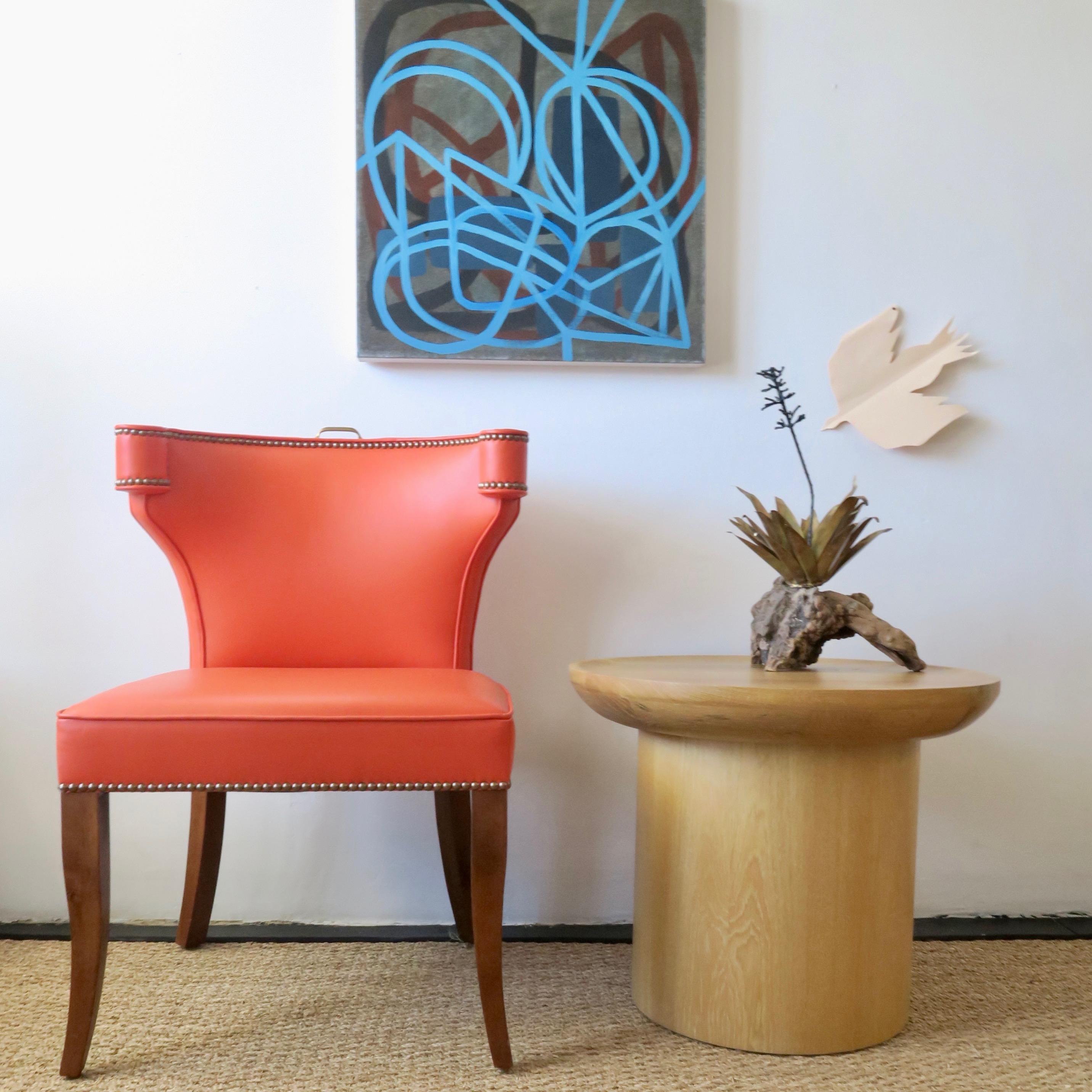 American Modern Low Round Pedestal Findley Side Table in Oak by Martin and Brockett For Sale