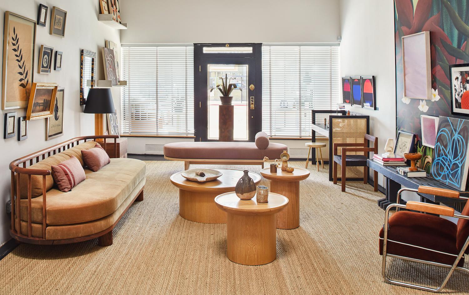 Modern Low Round Pedestal Findley Side Table in Oak by Martin and Brockett In New Condition For Sale In Los Angeles, CA