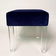 Modern Low Stool in Navy Velvet with Lucite Legs