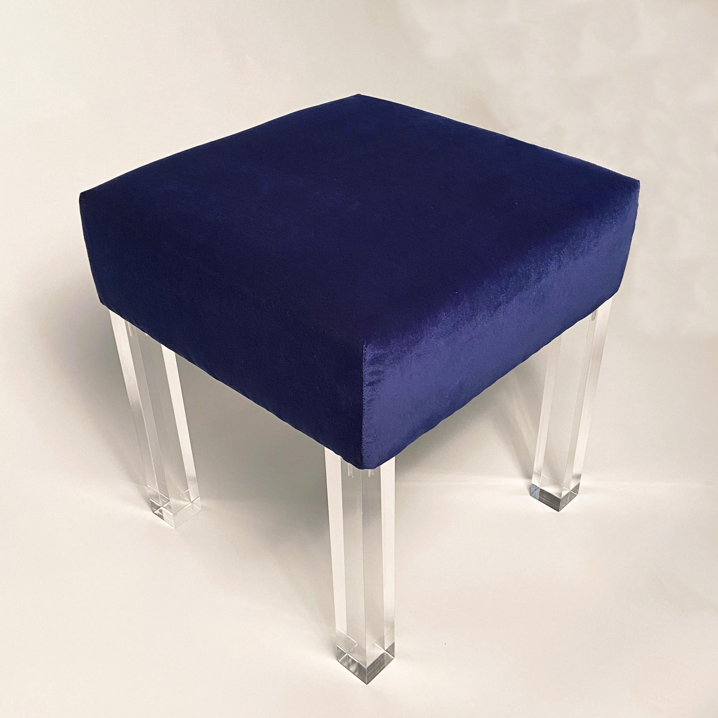 North American Modern Low Stool in Navy Velvet with Lucite Legs For Sale