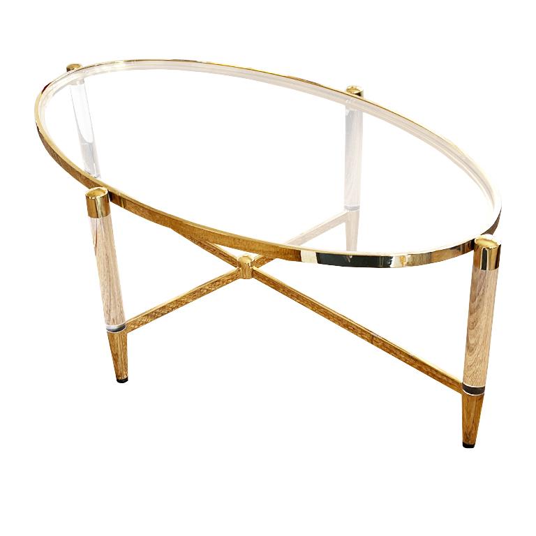 American Modern Lucite and Brass Oval Coffee or Cocktail Table with Glass Top For Sale