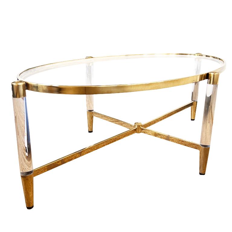 20th Century Modern Lucite and Brass Oval Coffee or Cocktail Table with Glass Top For Sale