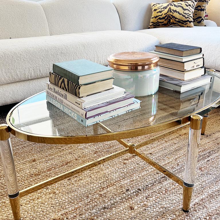 Metal Modern Lucite and Brass Oval Coffee or Cocktail Table with Glass Top For Sale