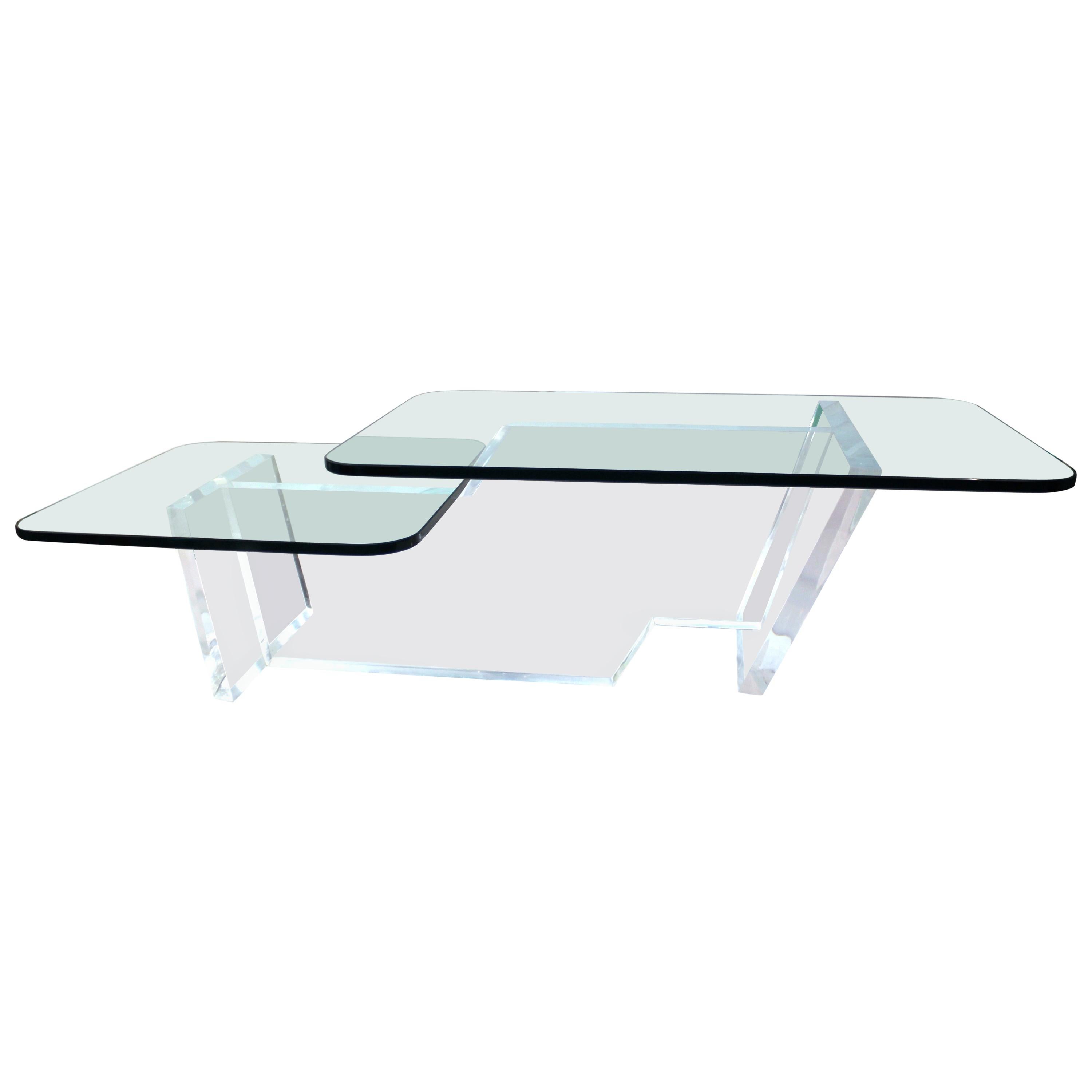 Modern Lucite base Split-Level Glass Top Cocktail Table