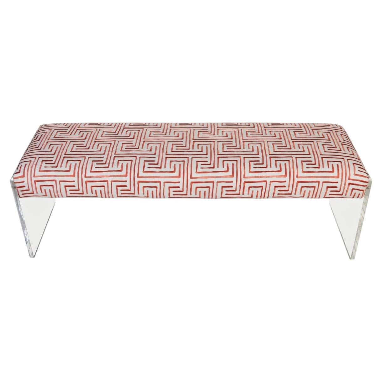 Modern Lucite Bench Newly Upholstered in Geometric Coral For Sale