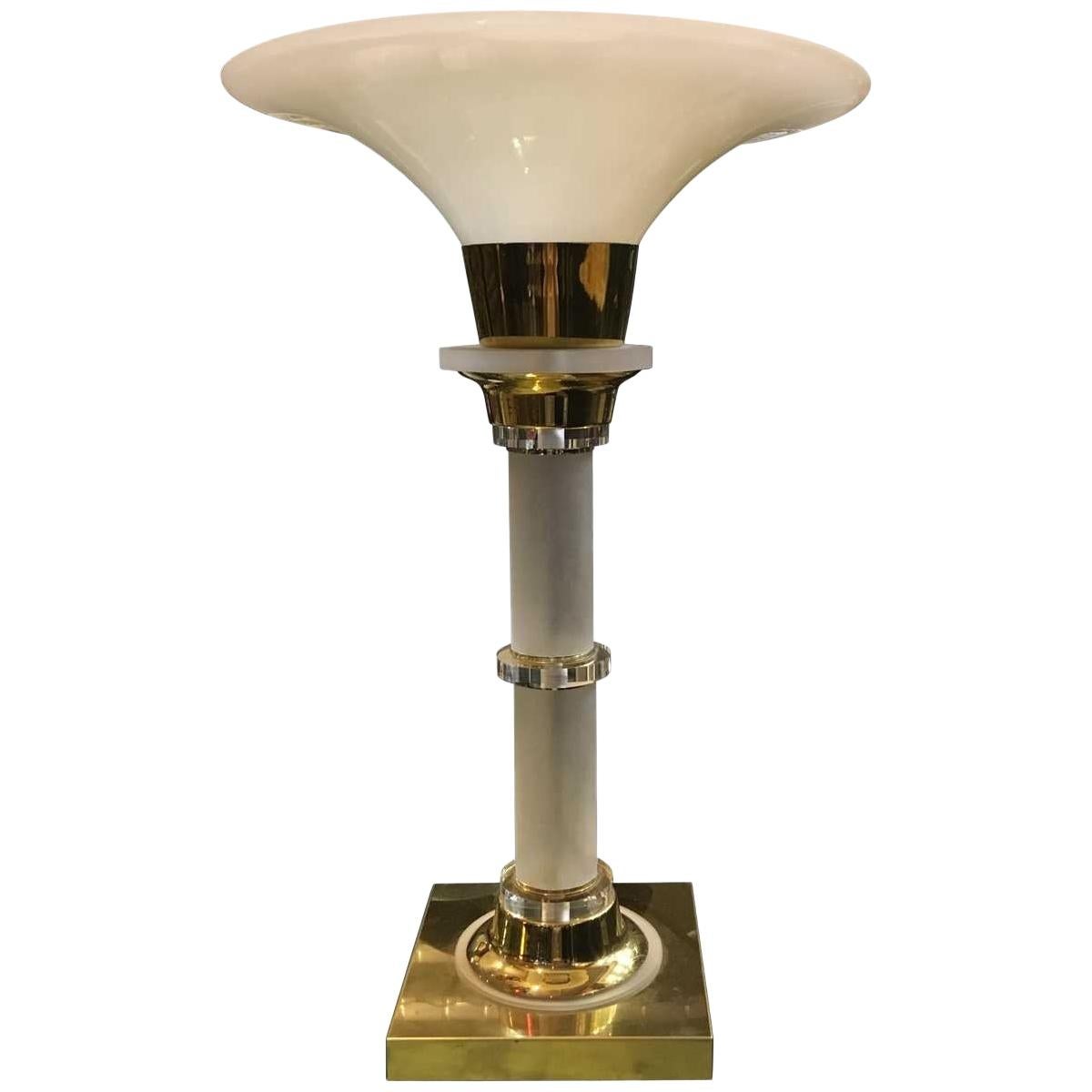 Modern Lucite Brass Trumpet Table Lamp, 1970-1985 For Sale