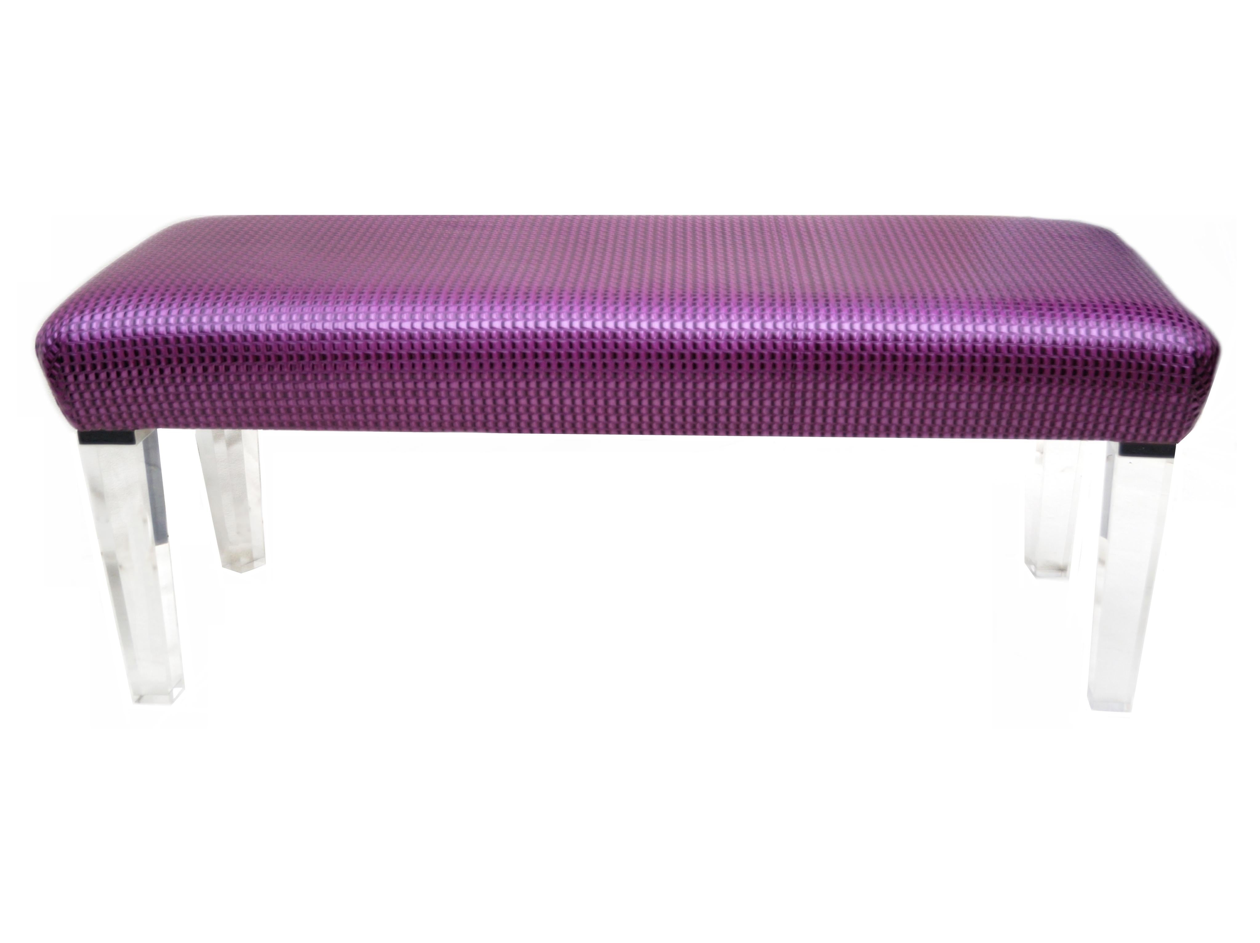 Modern Lucite long stool bench. Lucite legs with chrome detail at top of legs beneath the seat.