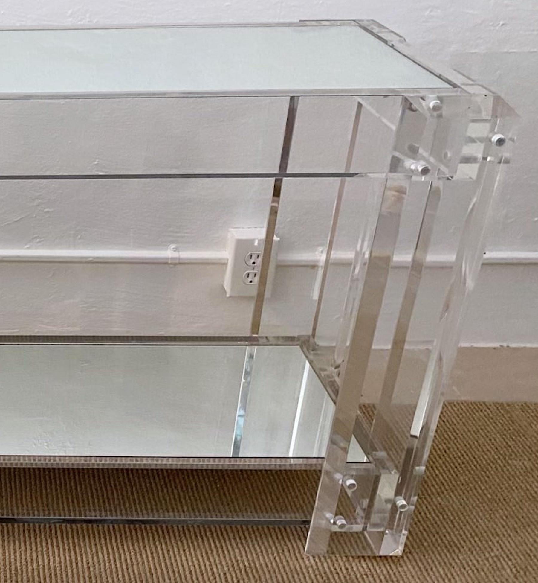 Modern Lucite Chrome Mounted Two-Tier Mirrored Console Table In Good Condition For Sale In West Palm Beach, FL