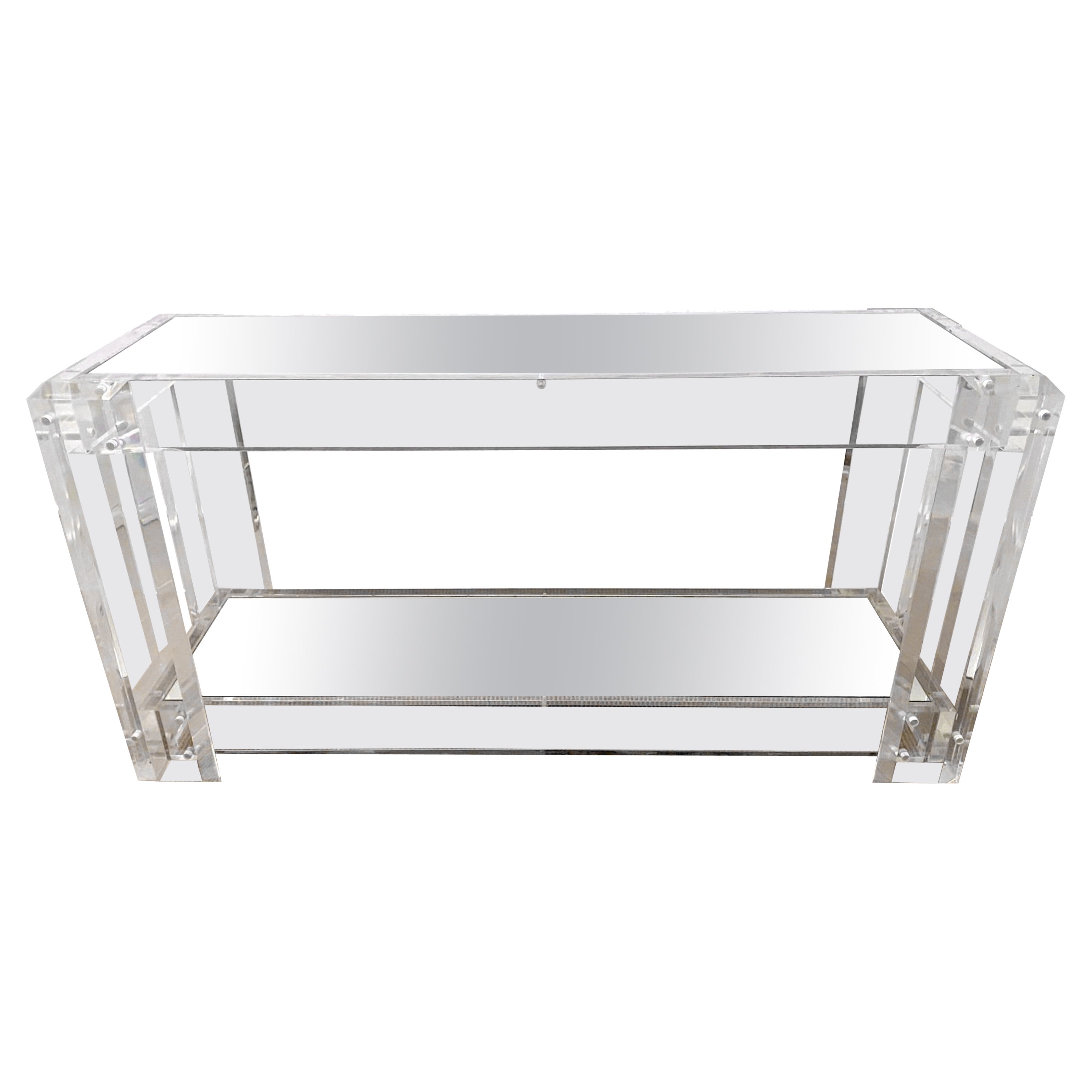 Tavolo consolle moderno in lucite con montaggio a cromo e due piani con specchio