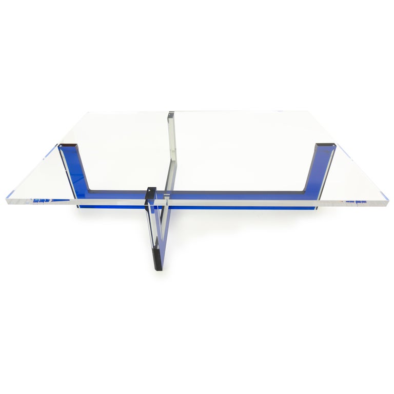 Modern Lucite Coffee Table with Blue Base For Sale 6
