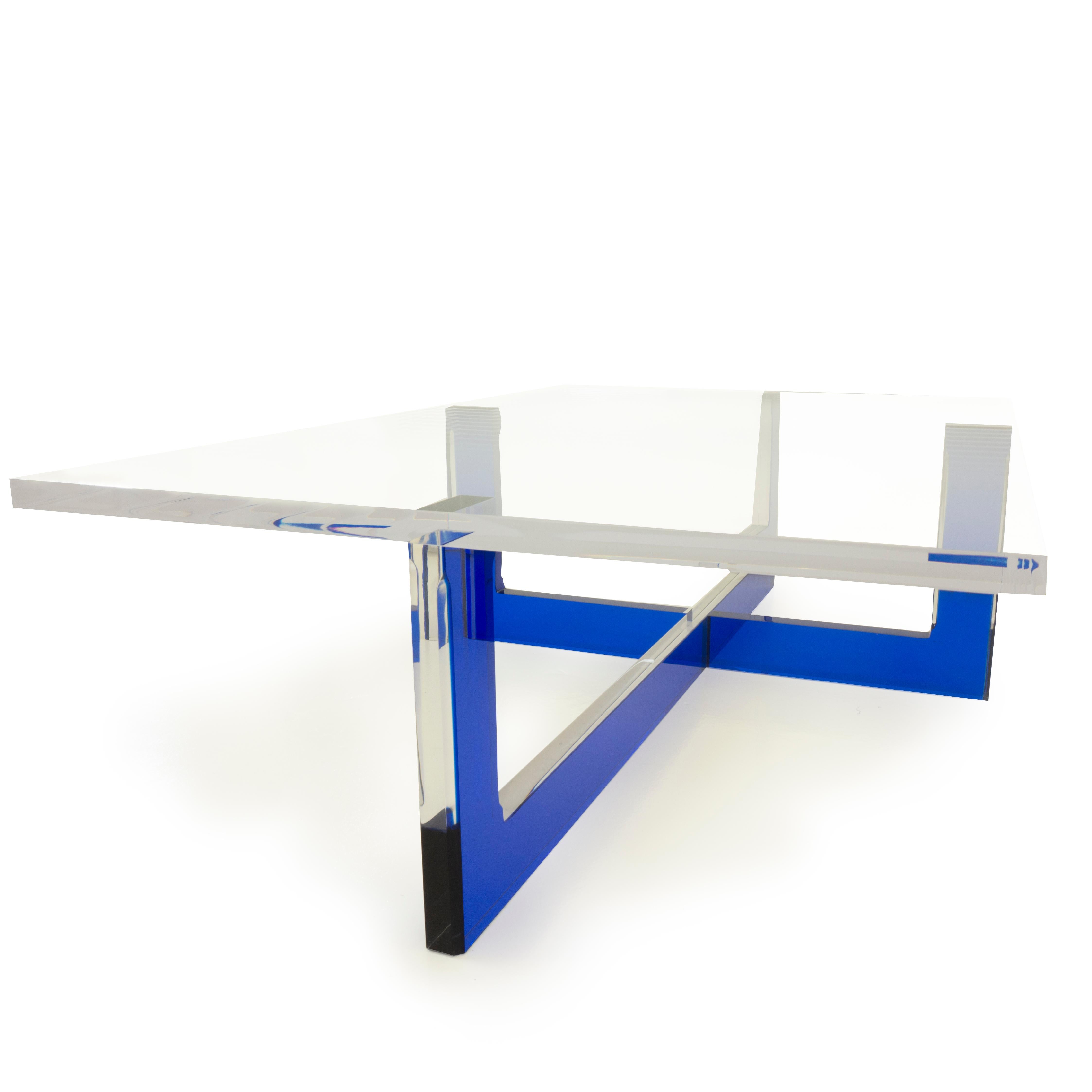 Modern Lucite Coffee Table with Blue Base For Sale 6