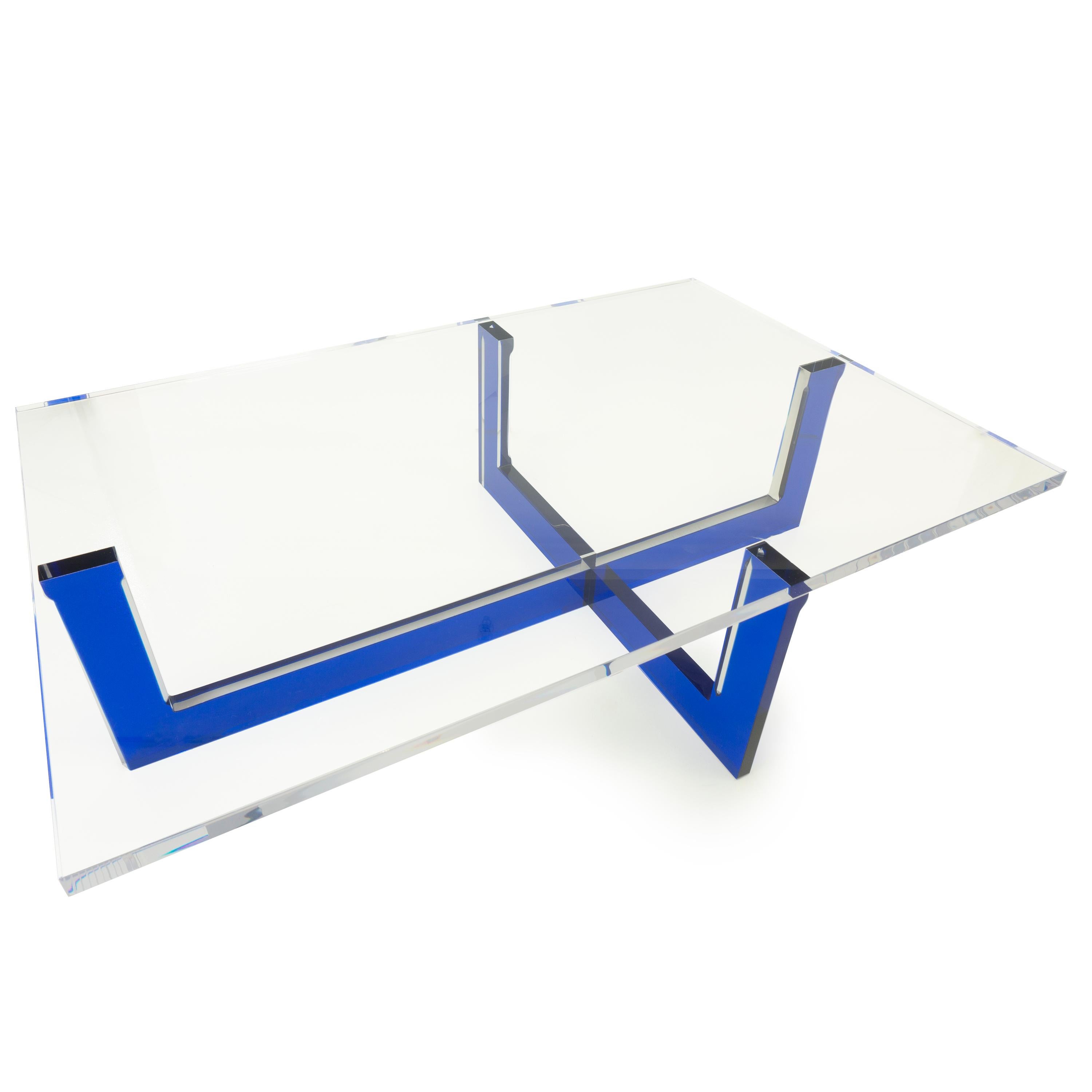Modern Lucite Coffee Table with Blue Base For Sale 9
