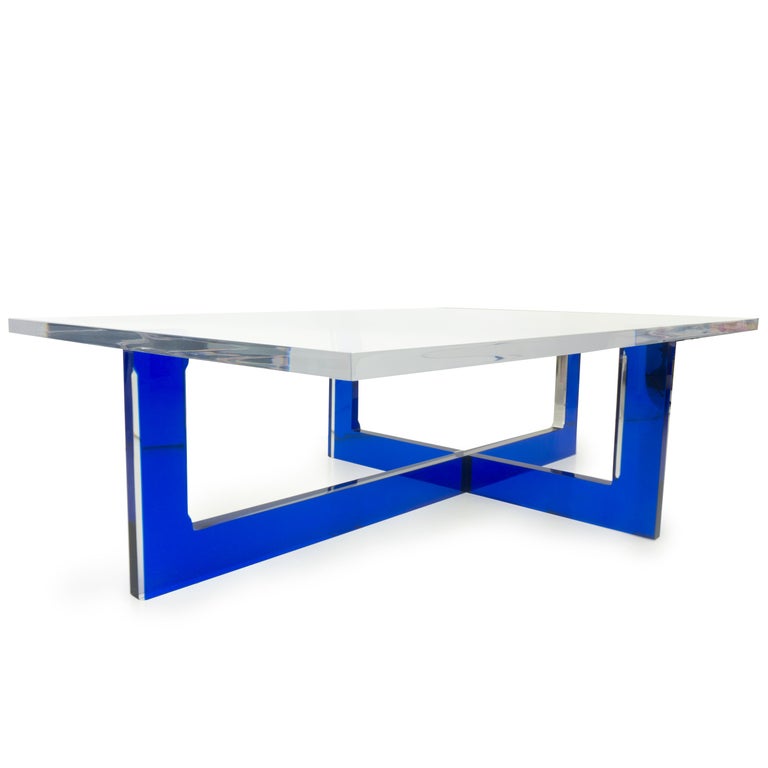Modern Lucite Coffee Table with Blue Base For Sale 13