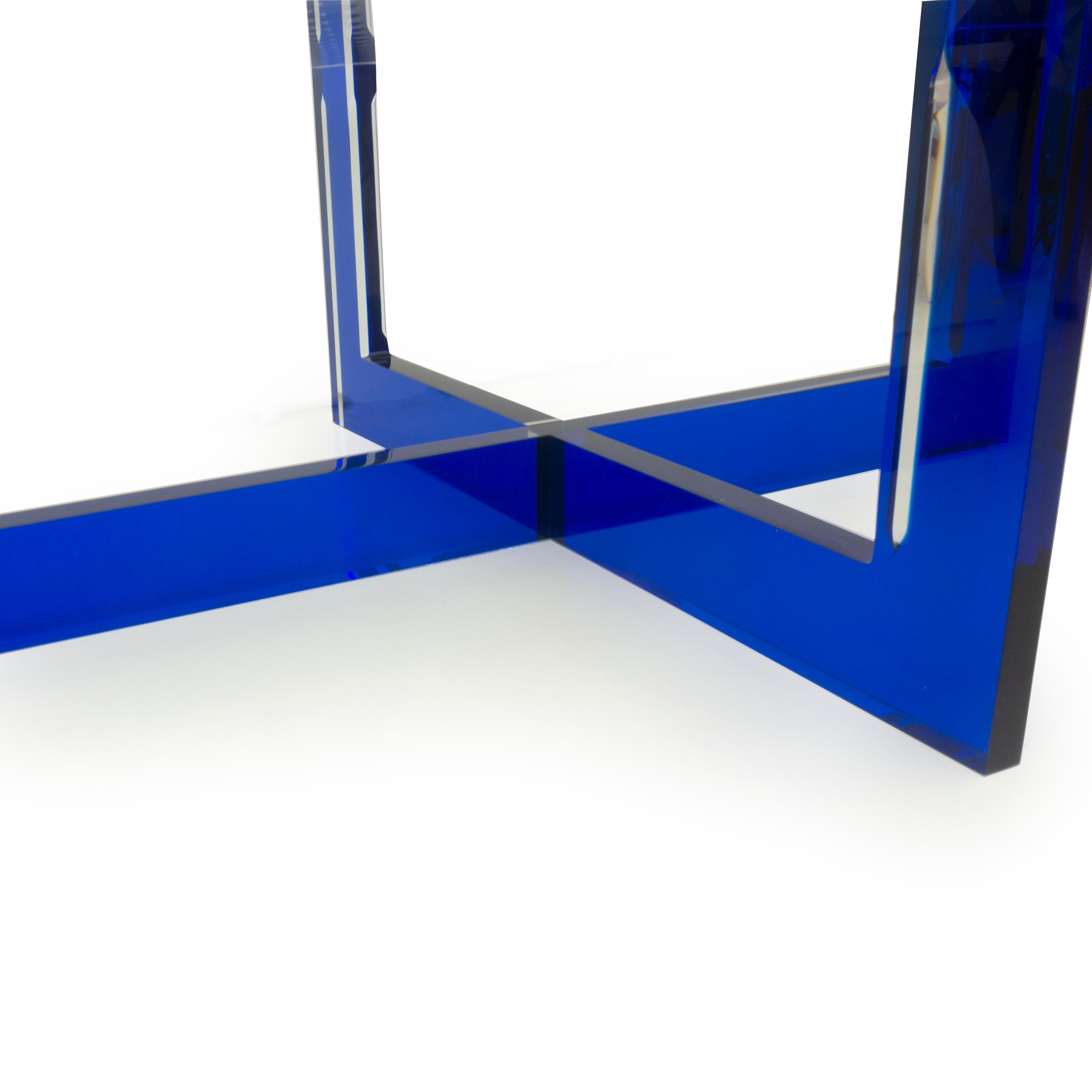 Modern Lucite Coffee Table with Blue Base For Sale 12