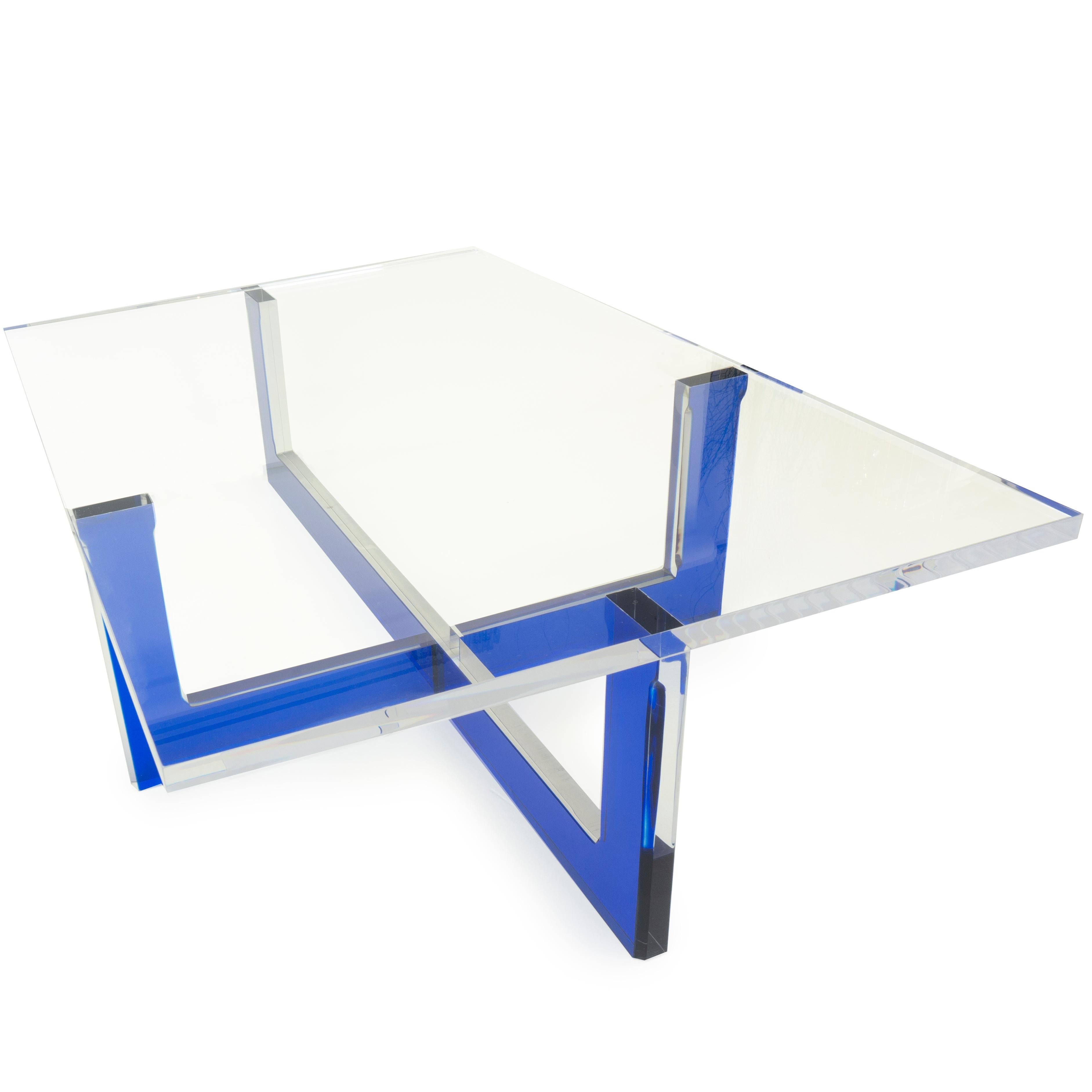 American Modern Lucite Coffee Table with Blue Base For Sale