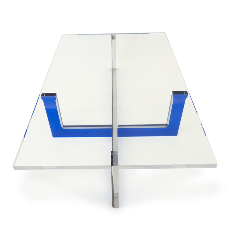 Modern Lucite Coffee Table with Blue Base For Sale 1