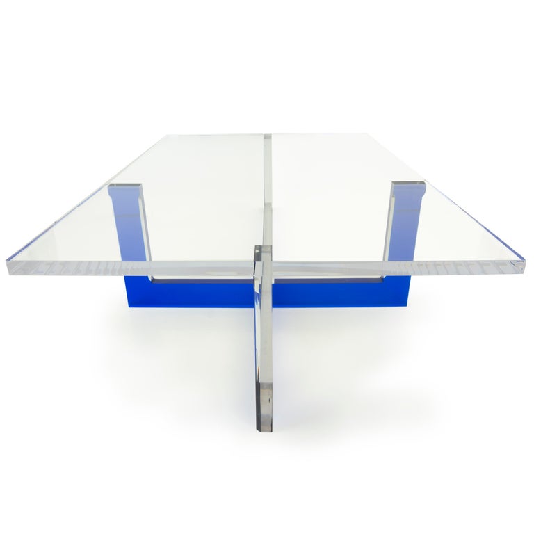 Modern Lucite Coffee Table with Blue Base For Sale 2