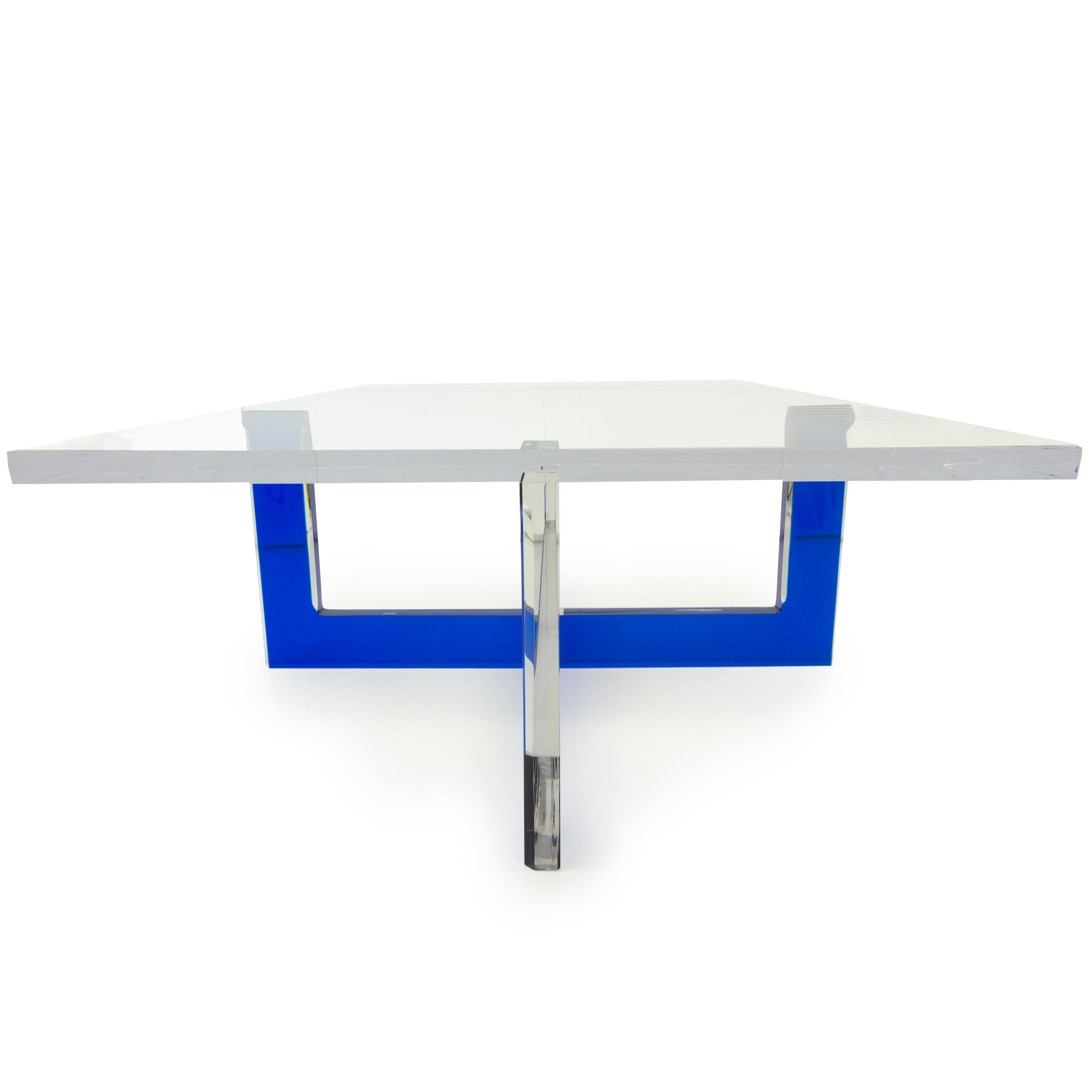 Modern Lucite Coffee Table with Blue Base For Sale 1