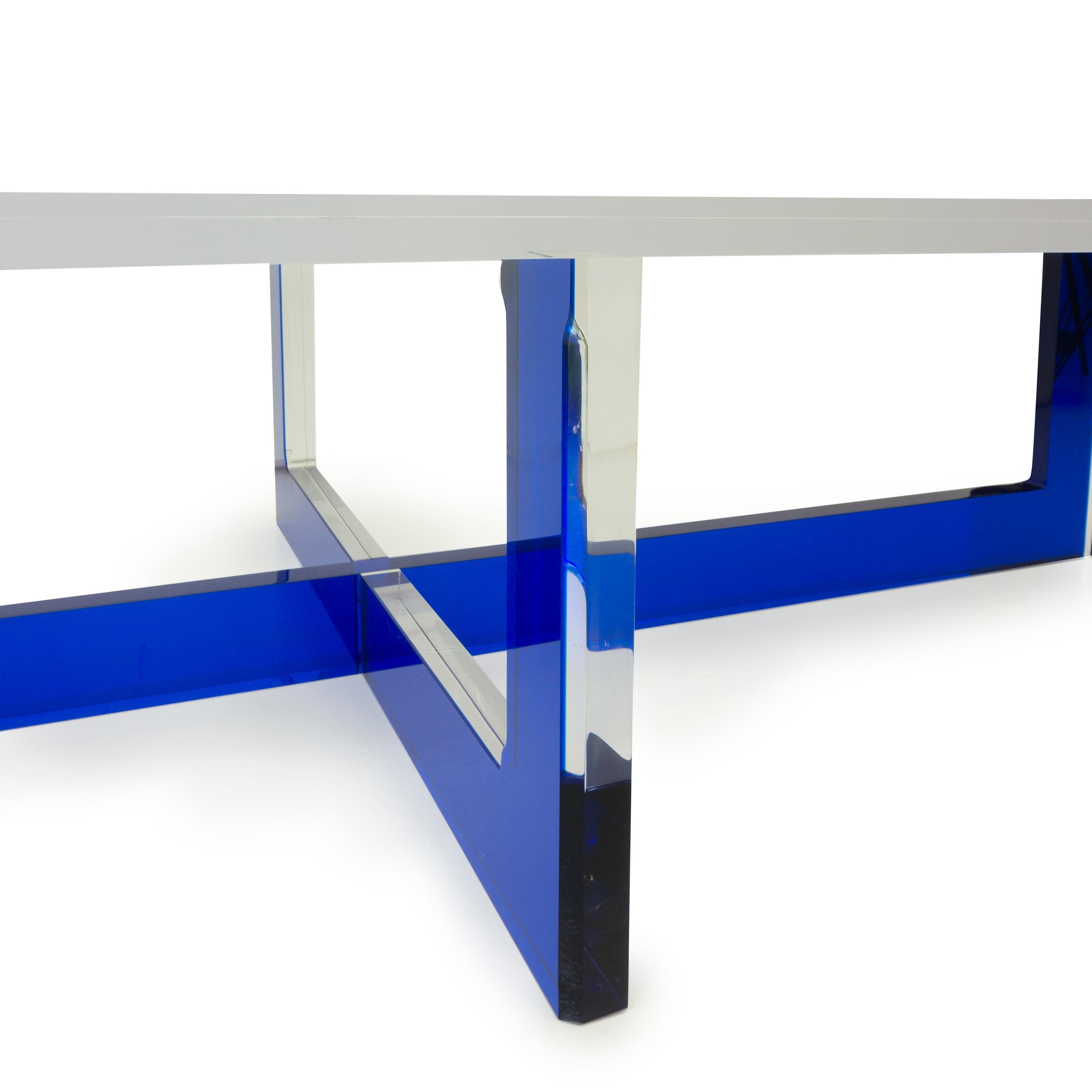 Modern Lucite Coffee Table with Blue Base For Sale 2