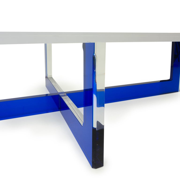 Modern Lucite Coffee Table with Blue Base For Sale 4