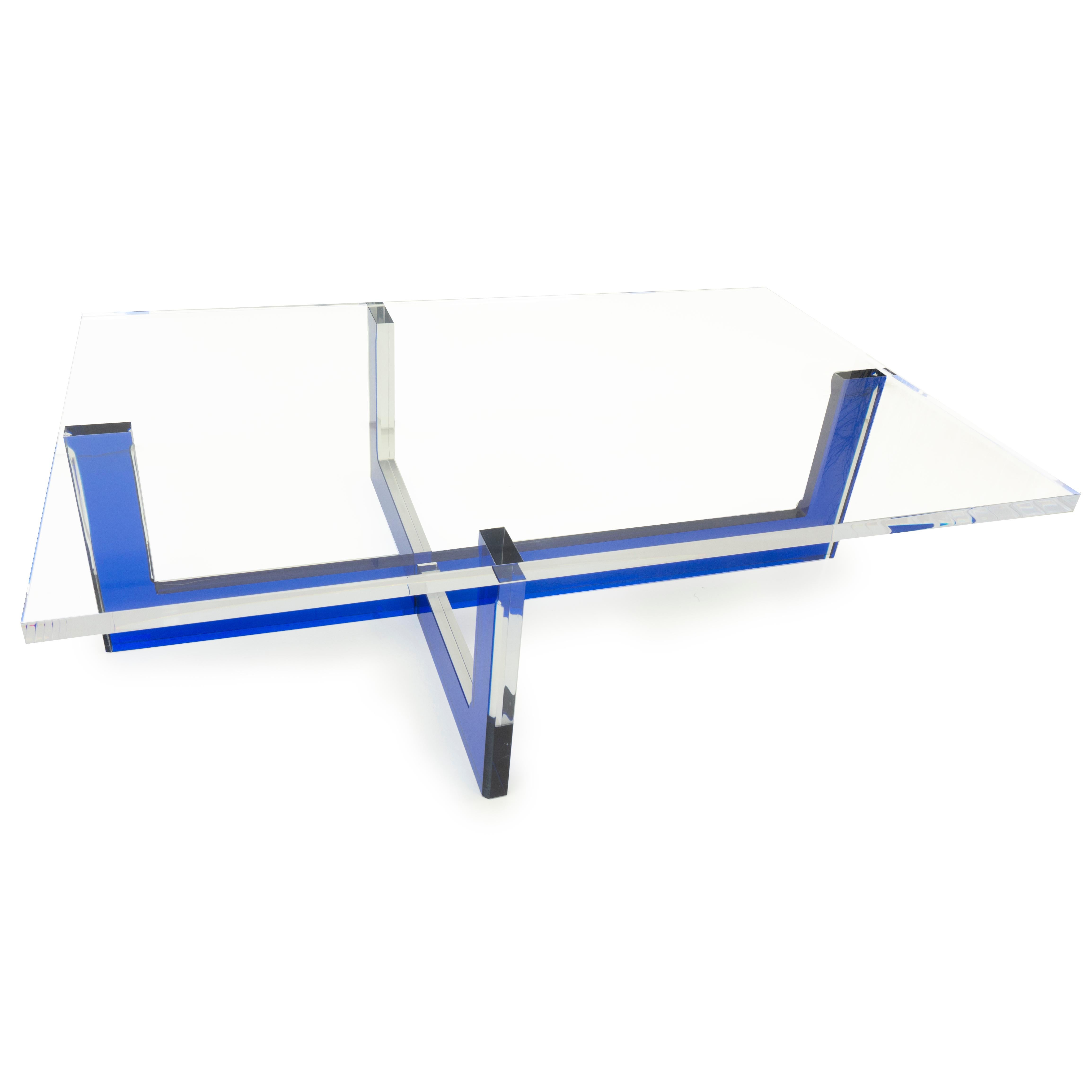 Modern Lucite Coffee Table with Blue Base For Sale 3