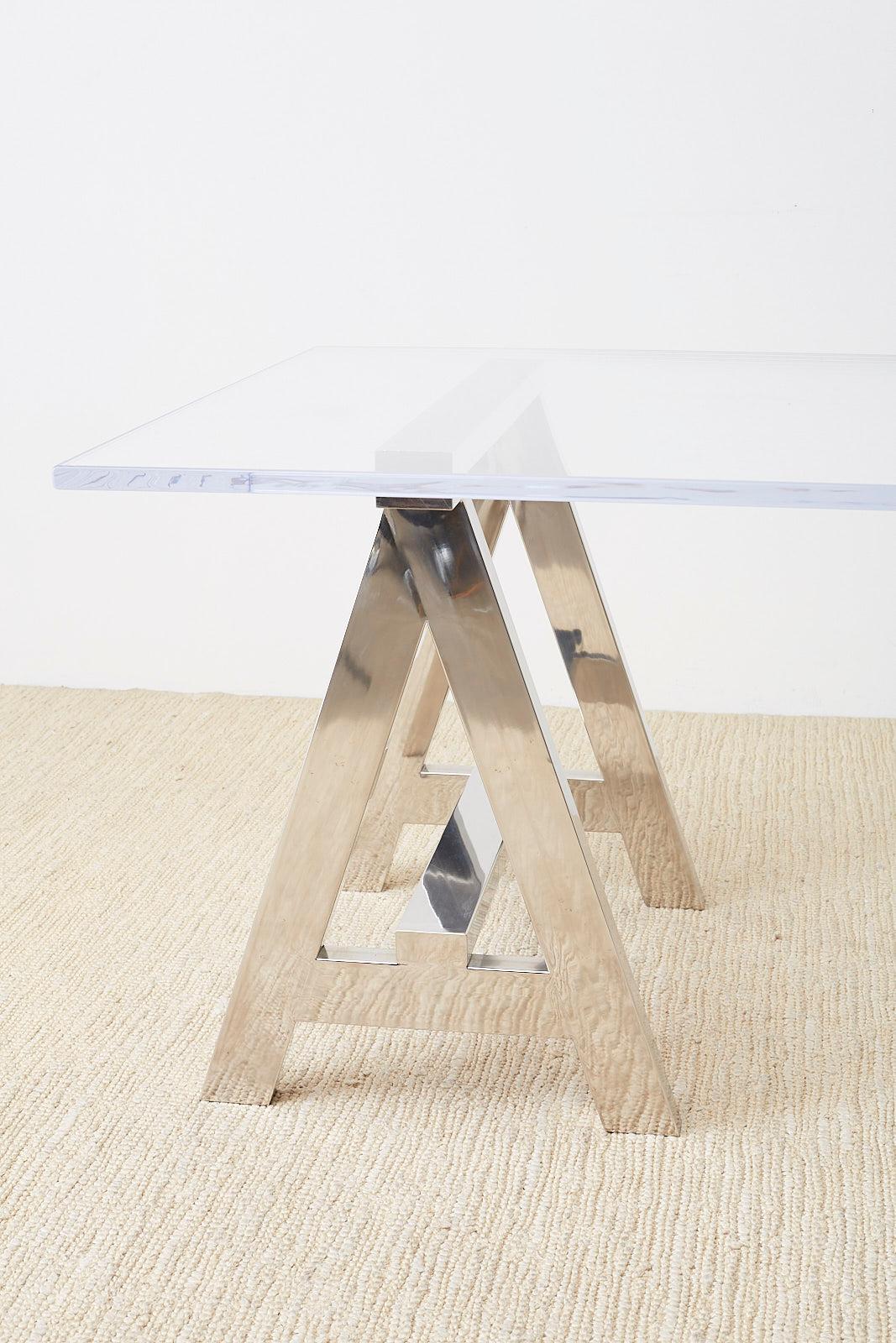 Modern Lucite Desk Dining Table with Chrome Sawhorse Bases 5