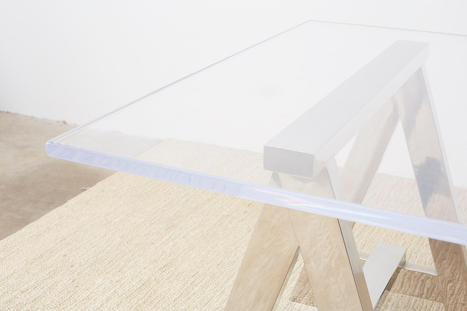 Modern Lucite Desk Dining Table with Chrome Sawhorse Bases 6