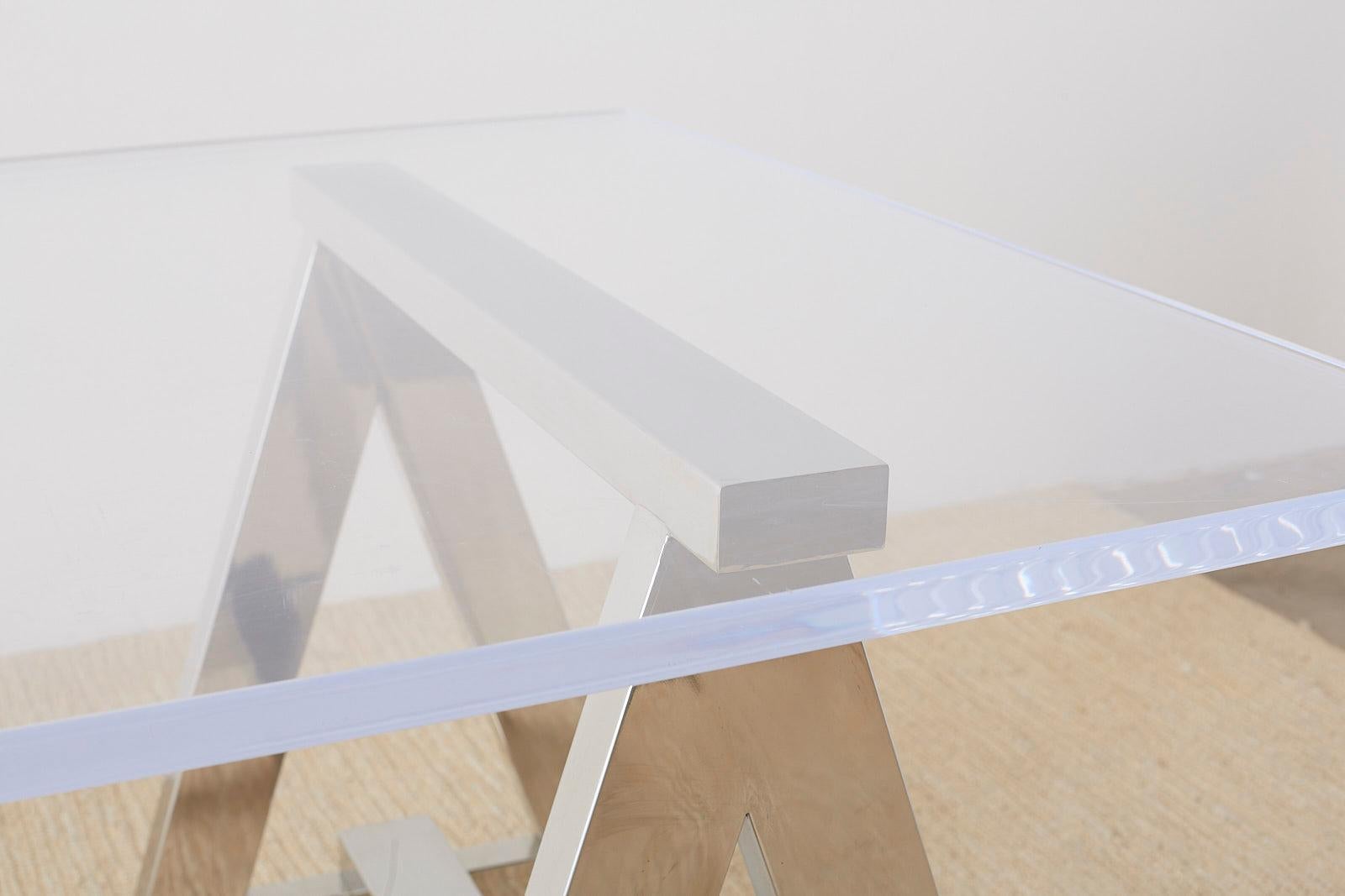 Polished Modern Lucite Desk Dining Table with Chrome Sawhorse Bases