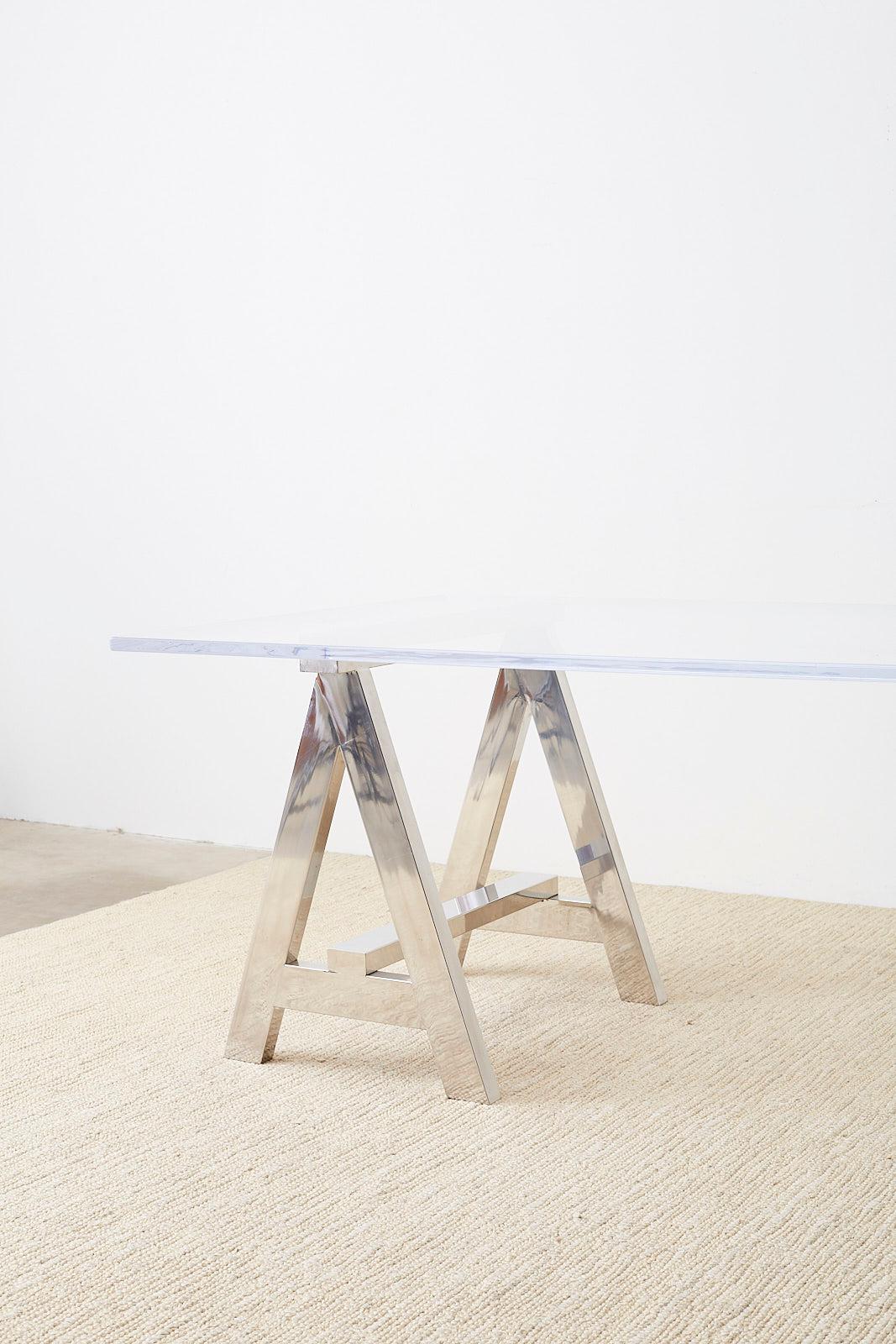 Modern Lucite Desk Dining Table with Chrome Sawhorse Bases In Good Condition In Rio Vista, CA