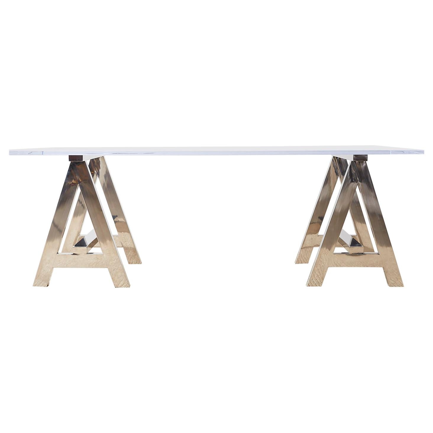 Modern Lucite Desk Dining Table with Chrome Sawhorse Bases