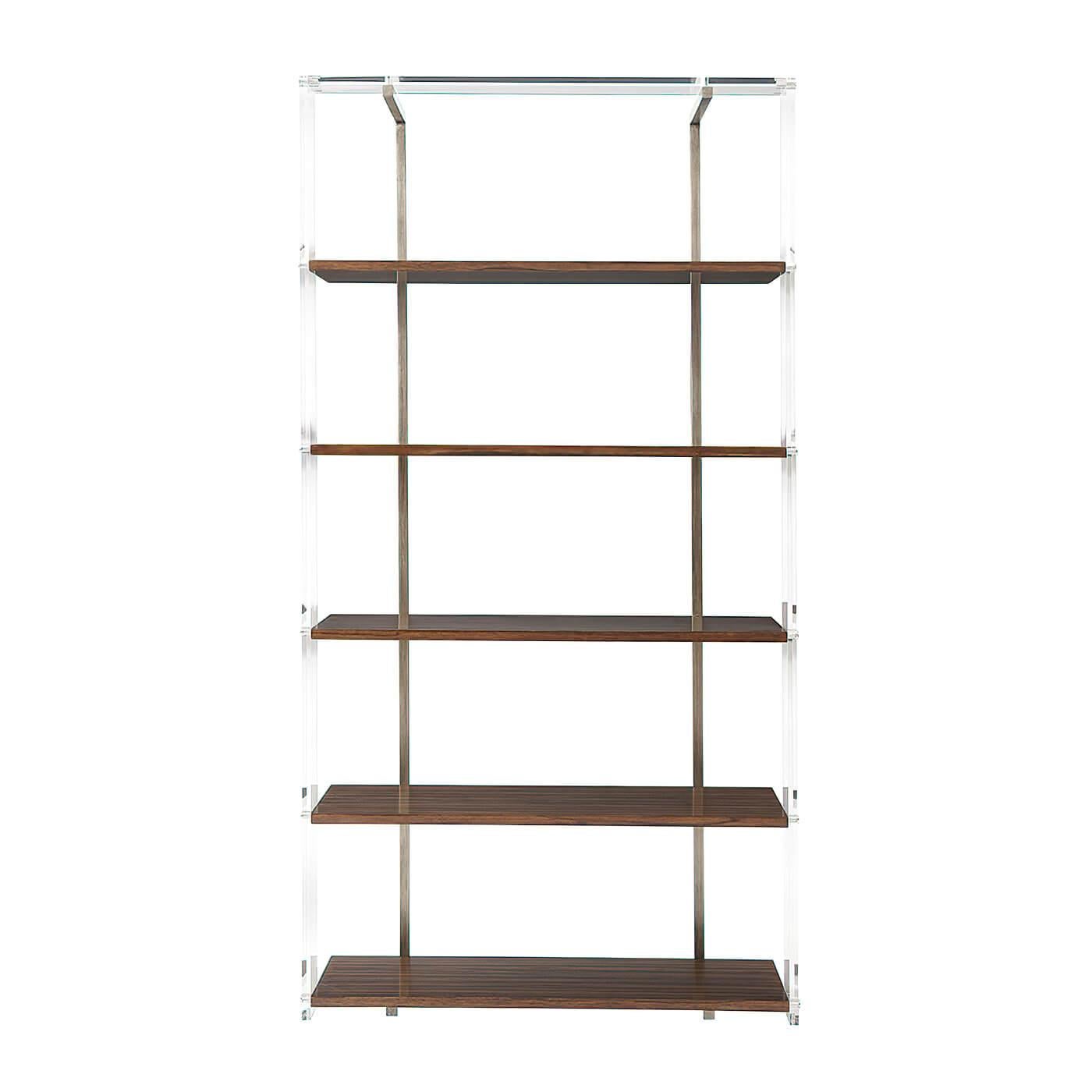 A modern lucite and ofram veneer etagere with stainless steel bold details. This piece has a sleek clear acrylic frame with five shelves. It is accented with vintage pewter steel vertical supports. 
Dimensions
43.25
