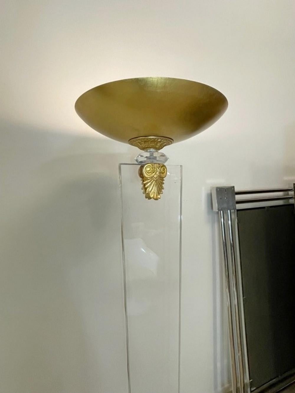 Modern Lucite Floor Lamp Gold Tone Accents In Good Condition For Sale In Toledo, OH