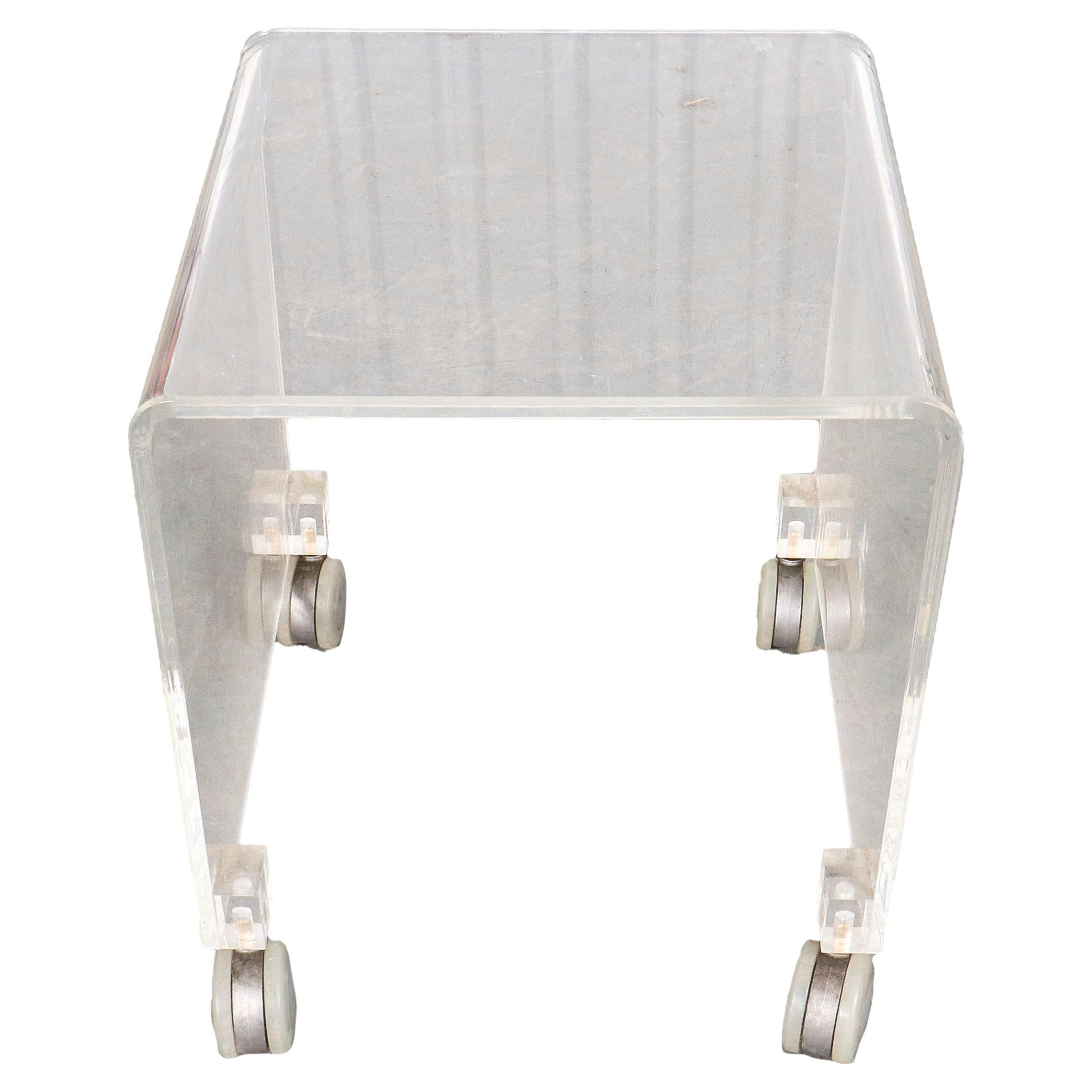Modern Lucite Waterfall Side Table on Casters For Sale