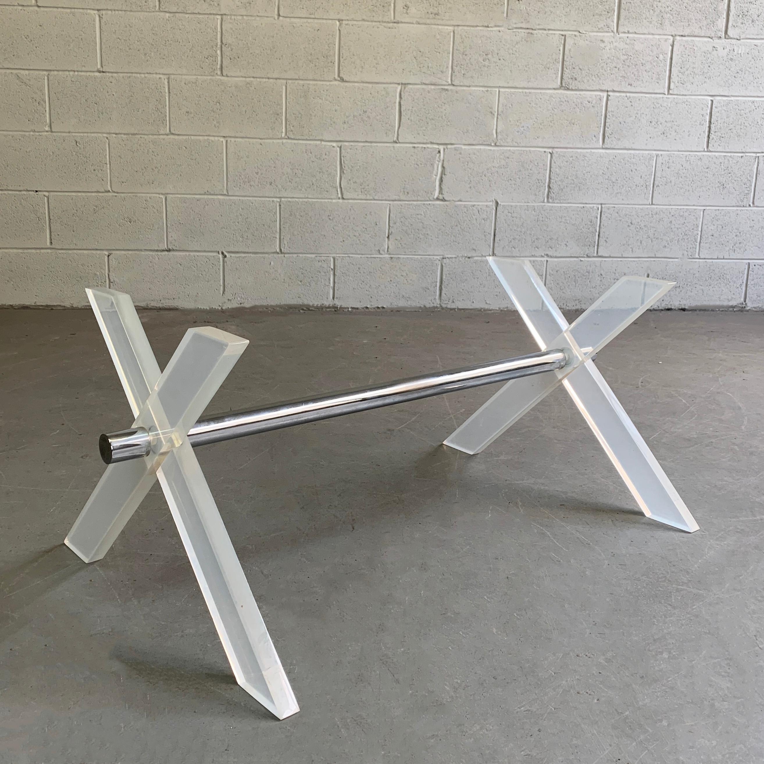 Slick, 1970s modern, coffee table base features two, 1 inch thick, Lucite X-forms connected by a 1.5 inch chrome rod. The base can accept the size and shape top of your choice.