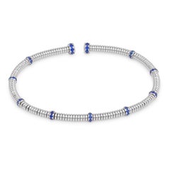 Modern Lugano rose cut diamond sapphire 18k white gold coil bangle