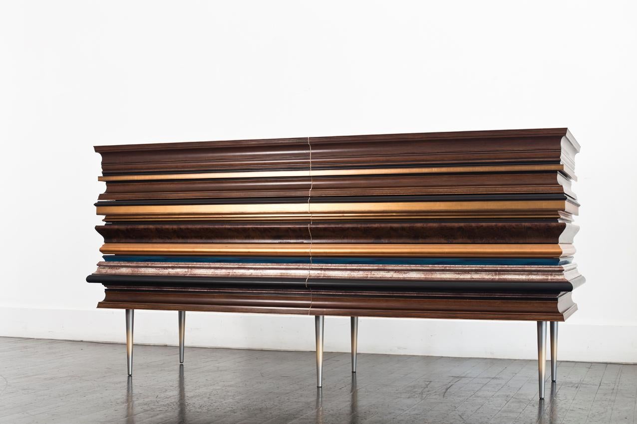 Contemporary Crafted Gold Leaf and Darkened Wood Molding Credenza by Luis Pons In New Condition For Sale In Miami, FL