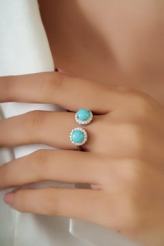 Modern Luxe Turquoise Diamond Toi et Moi Open Ring 1.62ct in 14K White Gold