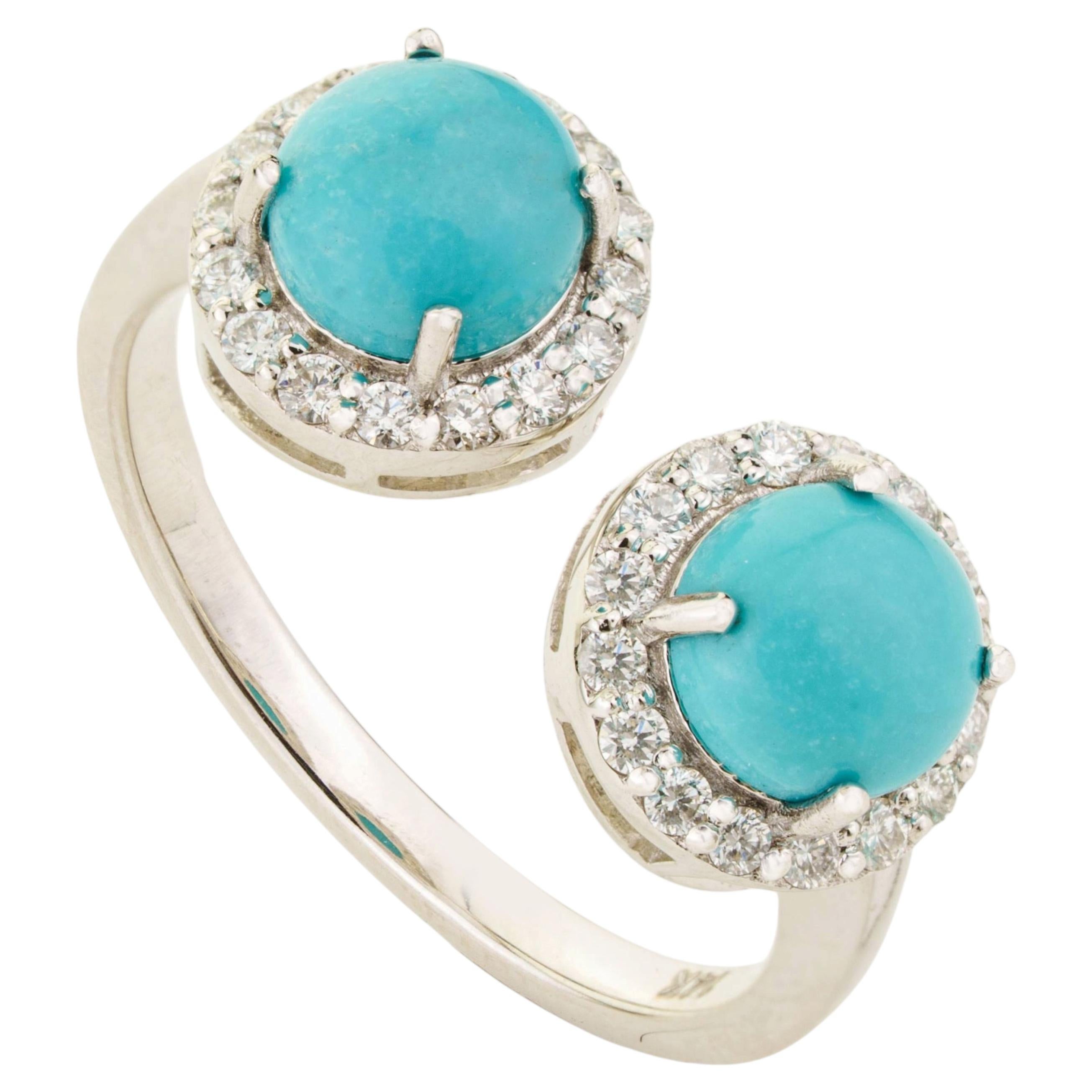 Modern Luxe Turquoise Diamond Toi et Moi Open Ring 1.62ct in 14K White Gold